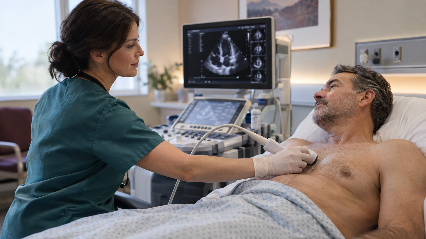 Illustrative clinical scene of an adult patient undergoing transthoracic echocardiography during assessment for infective endocarditis.