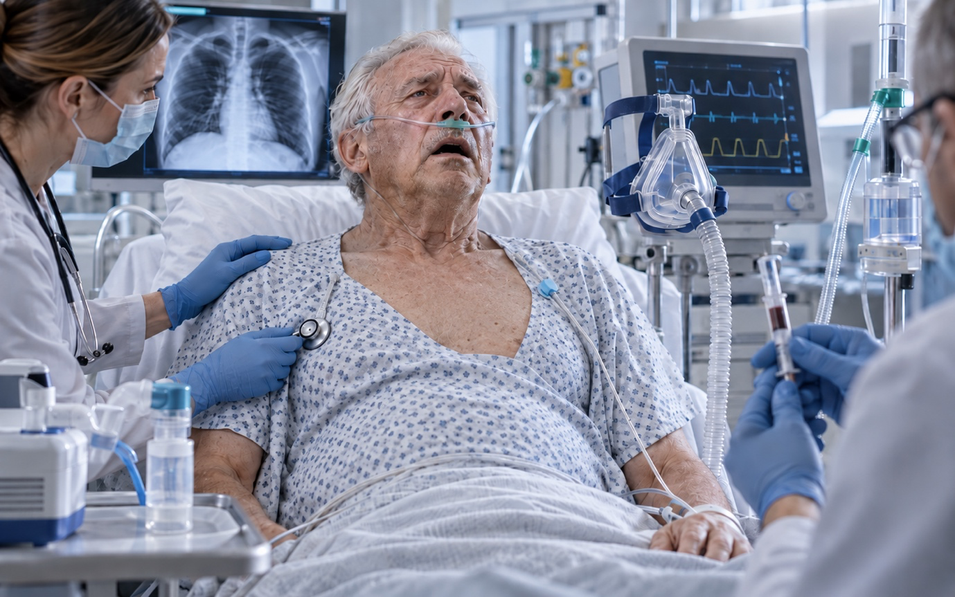 Older adult with breathing difficulty being assessed by clinicians in an acute-care setting, with respiratory-support equipment nearby.