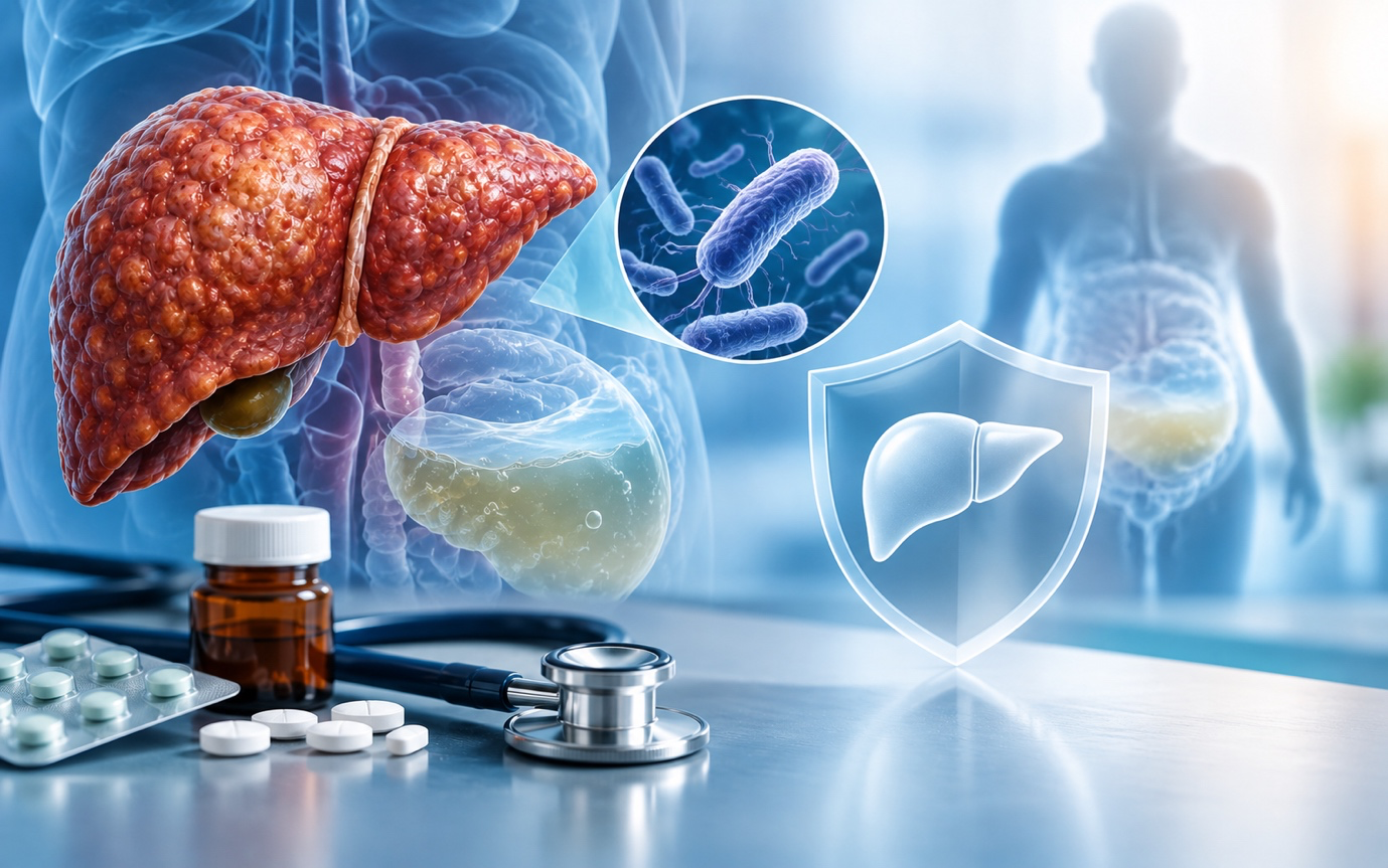 Editorial medical illustration showing a cirrhotic liver, ascitic fluid, bacteria, antibiotic tablets and a liver-protection symbol in a clinical setting.