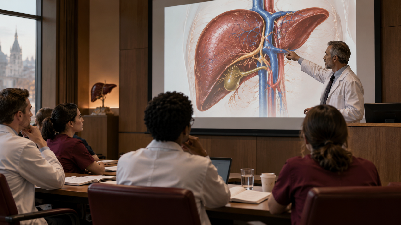 Clinicians attending a hepatology teaching session with a projected liver anatomy illustration