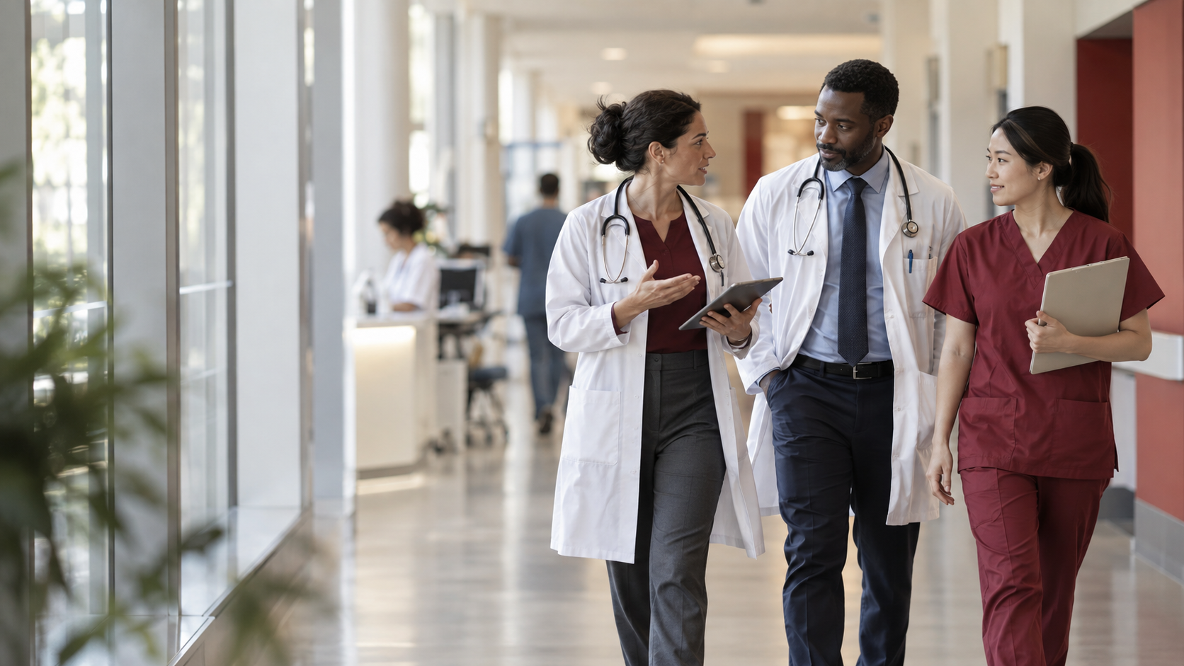 Doctors and a nurse discussing clinical work while walking through a hospital
